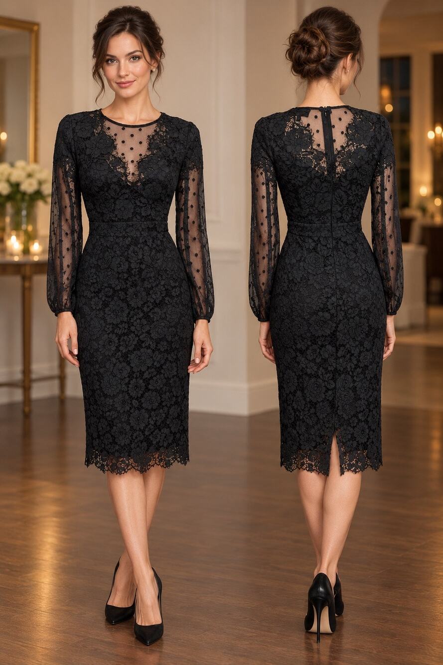 Alexia Admor Size 2 Black Floral Lace Sheer Long Sleeve Elegant Midi Party Dress